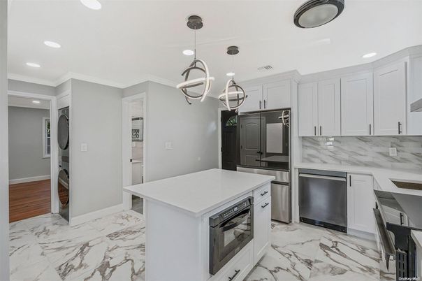 Interior, Kitchen, Marble, Pendant Lights, Recessed Lighting, Stainless Steel Appliances