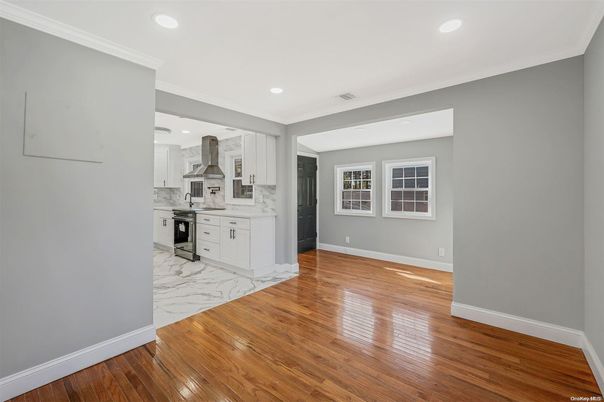 Interior, Kitchen, Marble, Recessed Lighting, Wood Texture Flooring