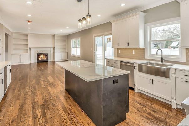 Fireplace, Interior, Kitchen, Pendant Lights, Recessed Lighting, Stainless Steel Appliances, Wood Texture Flooring
