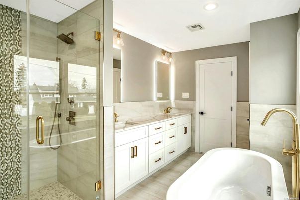 Bathroom, Dual Sink Vanities, Free Standing Baths, Glass Shower, Interior, Recessed Lighting