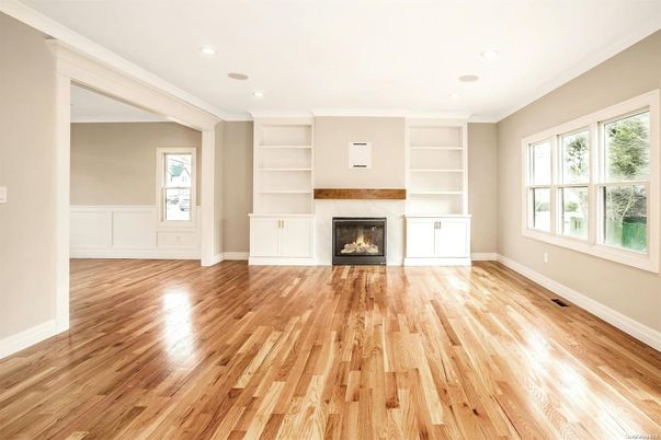 Empty room, Fireplace, Interior, Recessed Lighting, Wood Texture Flooring