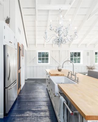 Chandelier, Interior, Kitchen, Stainless Steel Appliances, Wood Texture Flooring