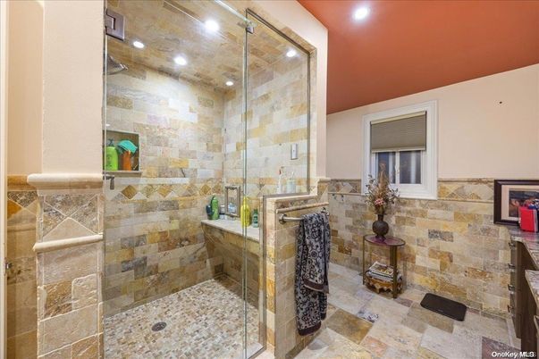 Bathroom, Glass Shower, Interior, Recessed Lighting, Stone Walls