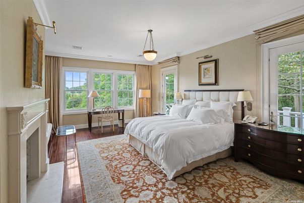 Bedroom, Fireplace, Interior, Pendant Lights, Wood Texture Flooring