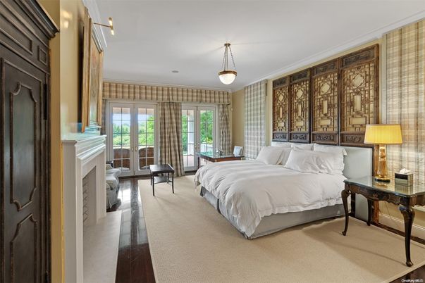 Bedroom, Fireplace, Interior, Pendant Lights, Wood Texture Flooring