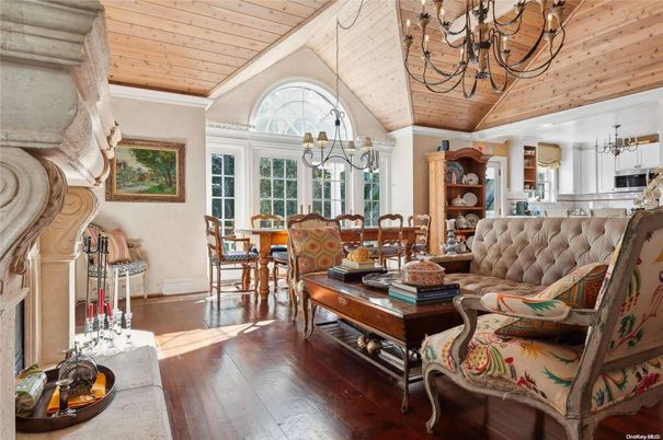 Chandelier, Dining room, Interior, Kitchen, Living room, Wooden Ceilings, Wood Texture Flooring
