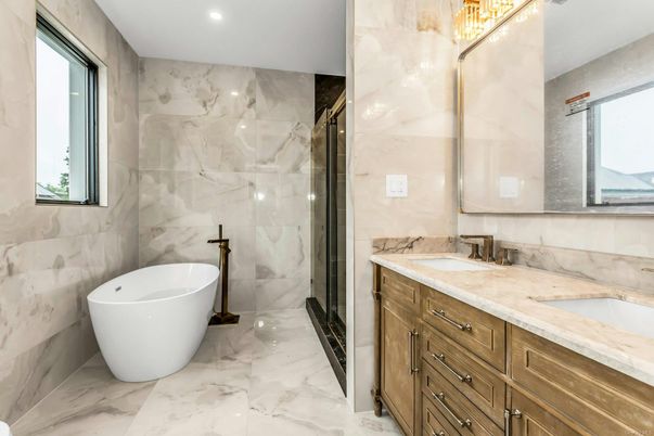 Bathroom, Dual Sink Vanities, Free Standing Baths, Glass Shower, Interior, Marble, Marble Walls, Recessed Lighting