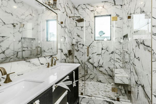 Bathroom, Dual Sink Vanities, Glass Shower, Interior, Marble Walls