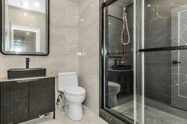 Bathroom, Glass Shower, Interior, Marble Walls, Recessed Lighting