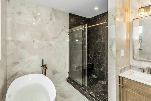 Bathroom, Glass Shower, Interior, Marble Walls, Recessed Lighting