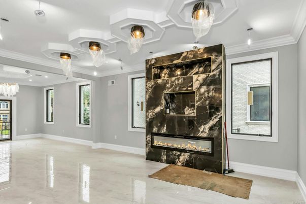 Chandelier, Empty room, Fireplace, Interior, Recessed Lighting