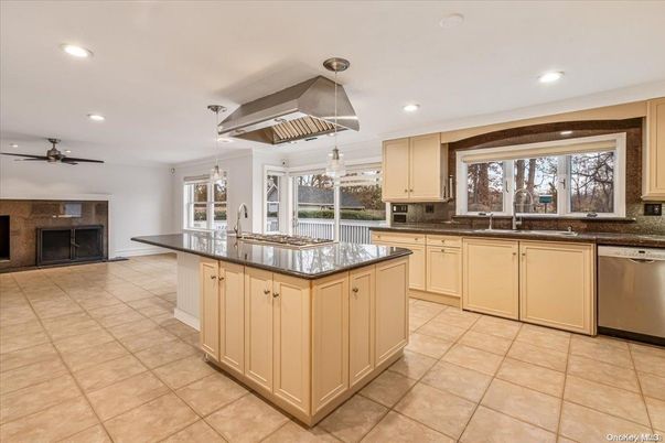 Fireplace, Interior, Kitchen, Recessed Lighting, Stainless Steel Appliances