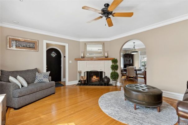 Dining room, Fireplace, Interior, Living room, Pendant Lights, Wood Texture Flooring