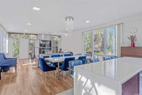 Chandelier, Dining room, Fireplace, Interior, Recessed Lighting, Wood Texture Flooring
