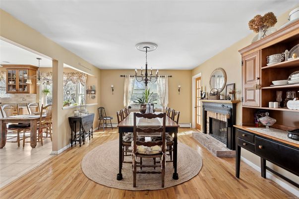 Dining room, Fireplace, Interior, Pendant Lights, Wood Texture Flooring
