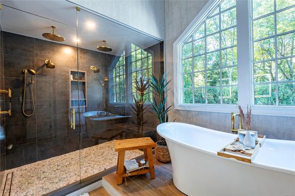 Bathroom, Free Standing Baths, Glass Shower, Interior, Wood Texture Flooring