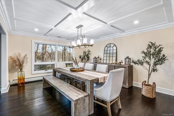 Chandelier, Dining room, Interior, Pendant Lights, Recessed Lighting, Wood Texture Flooring