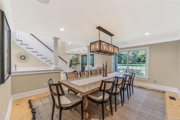 Chandelier, Dining room, Interior, Pendant Lights, Recessed Lighting, Wood Texture Flooring