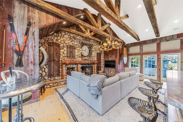 Fireplace, Interior, Living room, Recessed Lighting, Stone Walls, Wooden Beams, Wood Texture Flooring
