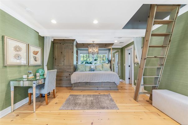 Bedroom, Chandelier, Interior, Recessed Lighting, Wood Texture Flooring