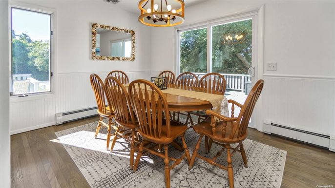Dining room, Interior, Pendant Lights, Wood Texture Flooring