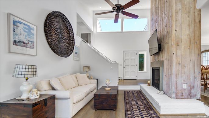 Fireplace, Interior, Living room, Recessed Lighting, Wood Texture Flooring, Wooden Walls