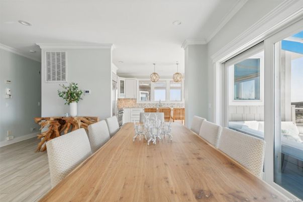 Dining room, Interior, Pendant Lights, Recessed Lighting, Wood Texture Flooring