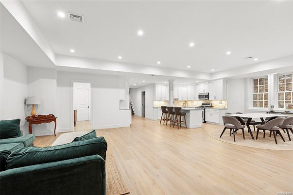 Dining room, Interior, Kitchen, Living room, Recessed Lighting, Wood Texture Flooring