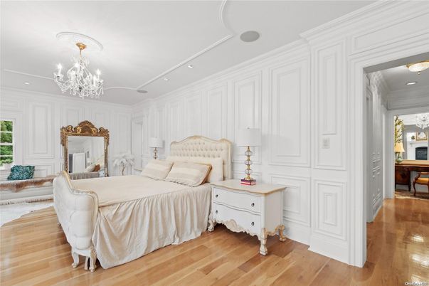 Bedroom, Chandelier, Interior, Recessed Lighting, Wood Texture Flooring