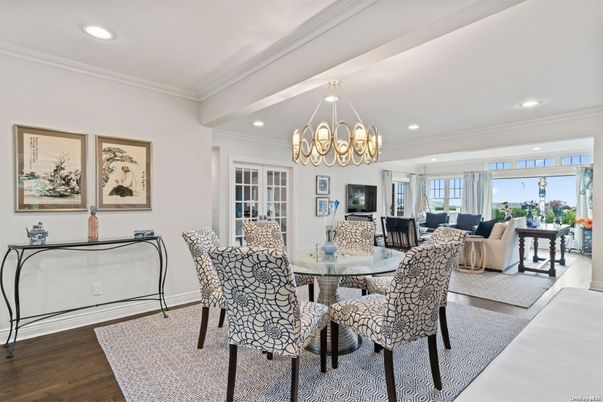 Chandelier, Dining room, Interior, Living room, Recessed Lighting, Wood Texture Flooring