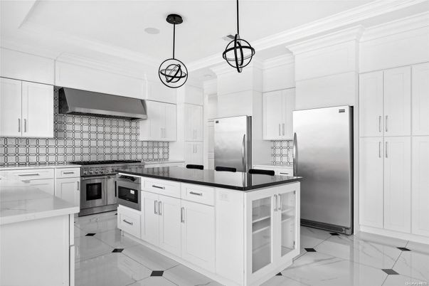 Interior, Kitchen, Marble, Pendant Lights, Stainless Steel Appliances