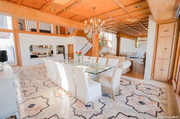 Chandelier, Dining room, Interior, Living room, Recessed Lighting, Wooden Beams, Wood Texture Flooring