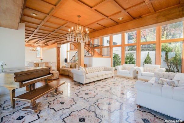 Chandelier, Interior, Living room, Piano, Recessed Lighting, Wooden Beams, Wooden Ceilings
