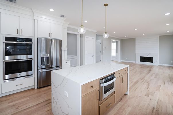 Interior, Kitchen, Pendant Lights, Recessed Lighting, Stainless Steel Appliances, Wood Texture Flooring