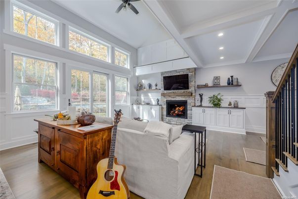 Fireplace, Interior, Living room, Recessed Lighting, Wood Texture Flooring