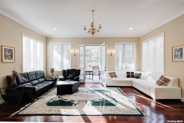 Chandelier, Interior, Living room, Recessed Lighting, Wood Texture Flooring