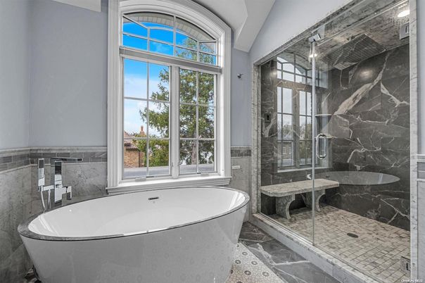 Bathroom, Free Standing Baths, Glass Shower, Interior, Marble Walls
