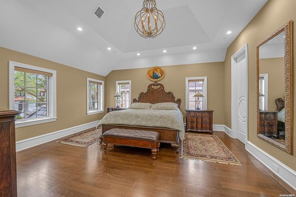 Bedroom, Chandelier, Interior, Recessed Lighting, Wood Texture Flooring