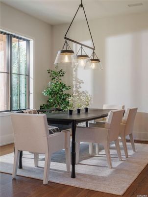 Dining room, Interior, Pendant Lights, Wood Texture Flooring