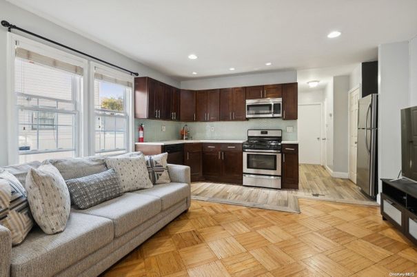 Interior, Kitchen, Living room, Recessed Lighting, Stainless Steel Appliances, Wood Texture Flooring