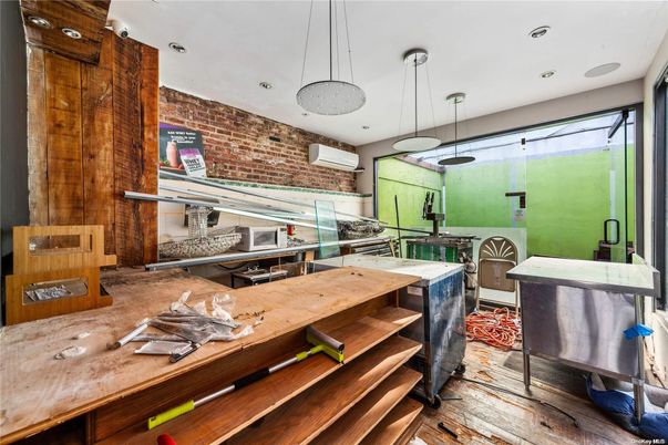 Interior, Kitchen, Pendant Lights, Recessed Lighting, Stone Walls, Wood Texture Flooring