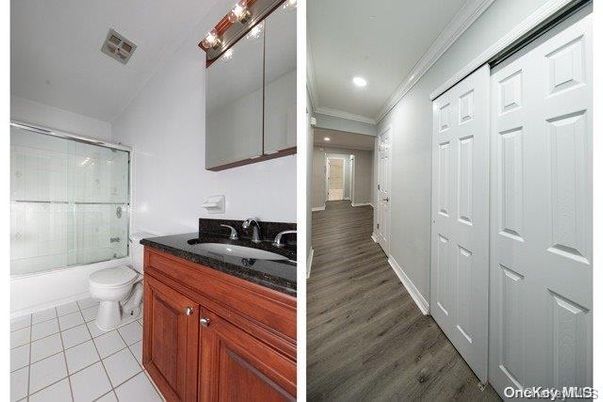 Bathroom, Glass Shower, Interior, Recessed Lighting, Wood Texture Flooring