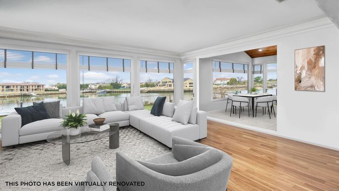Dining room, Interior, Living room, Recessed Lighting, Water, Wood Texture Flooring