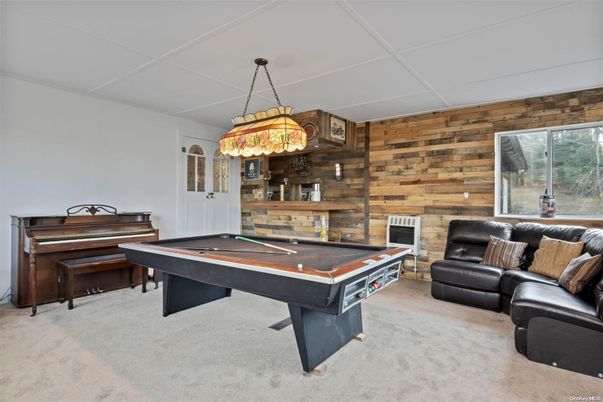 Billiard Table, Game Room, Interior, Pendant Lights, Piano, Wooden Walls