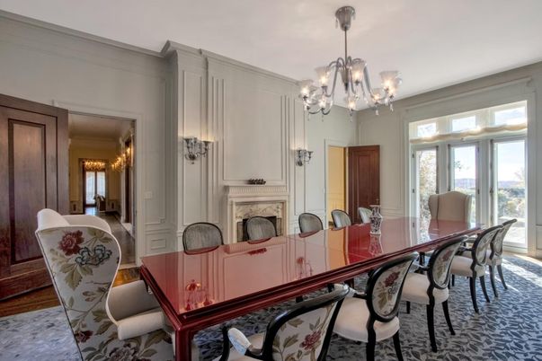 Chandelier, Dining room, Fireplace, Interior