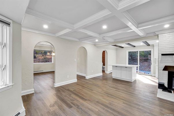 Empty room, Fireplace, Interior, Recessed Lighting, Wood Texture Flooring