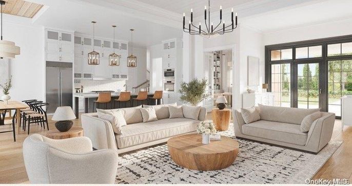 Chandelier, Dining room, Interior, Kitchen, Living room, Pendant Lights, Stainless Steel Appliances, Wood Texture Flooring