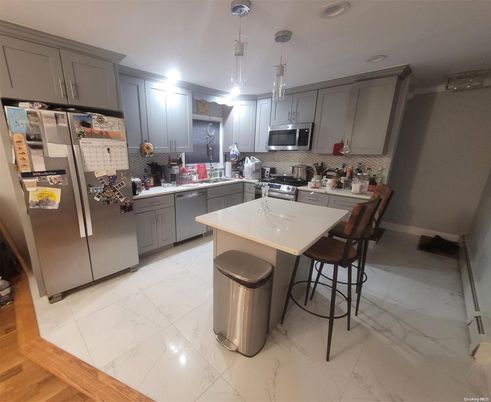 Interior, Kitchen, Marble, Pendant Lights, Recessed Lighting, Stainless Steel Appliances