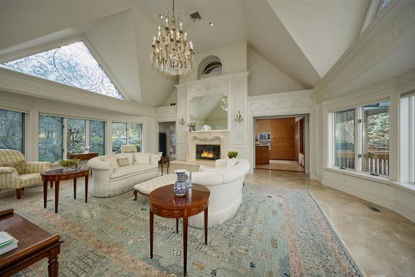Chandelier, Fireplace, Interior, Living room, Recessed Lighting