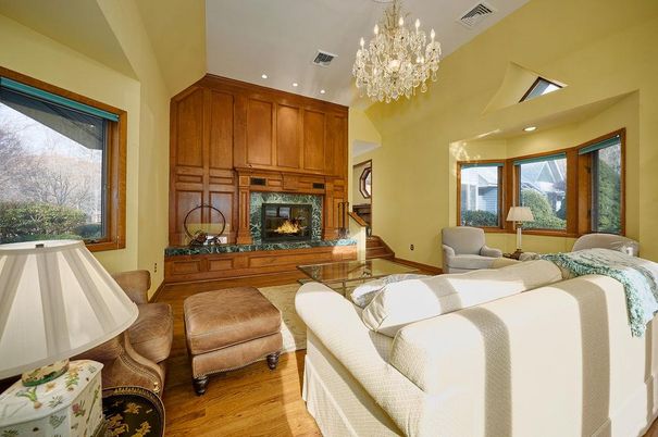 Chandelier, Fireplace, Interior, Living room, Recessed Lighting, Wood Texture Flooring